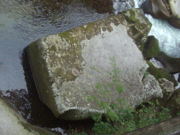 流れる水の働き　～斐伊川たんけんに行こう～　上流　直方体に近い岩です　カコウ岩の節理面によってつくられたのでしょう　大舞台という名前の岩だと思います？？