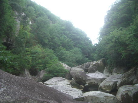 流れる水の働き　～斐伊川たんけんに行こう～　上流　畳岩から上流を　稜線がきれいな　Ｖ字　になっています　左側中央の手すりが遊歩道です　けっこう高い所を歩いてくるんです