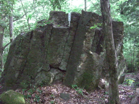 材木岩と呼ばれる柱状節理です。高さは大人の背の高さと同じか少し高いぐらいです。この辺りにはこのように名前がついている岩が何カ所もあります。 